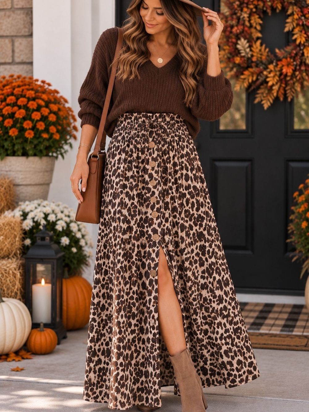 NWT Listicle Large Brown Leopard Print Button Front Maxi Skirt Pockets